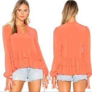 NEW TULAROSA Savannah Top in Salmon Ruffle Hem Tassel Trim Blouse Size Small